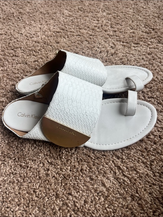 Calvin Klein Shoes - Calvin Klein White Slide Toe-Loop Sandals with Gold Disc Size 9
